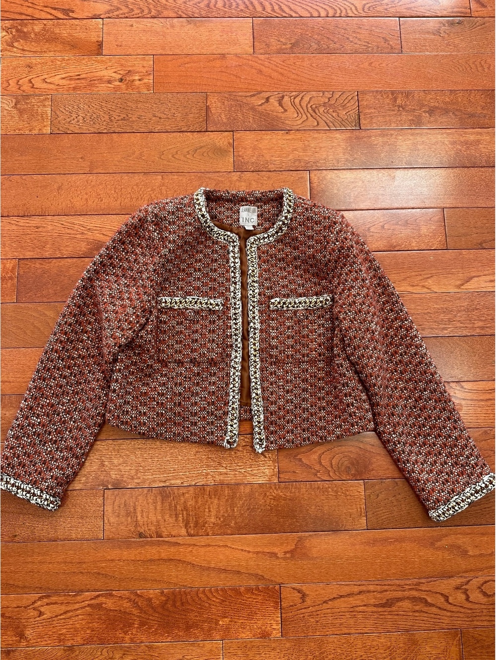 Jeannie Mai x INC Tweed Jacket PS Chain Trimmed Cropped Rust